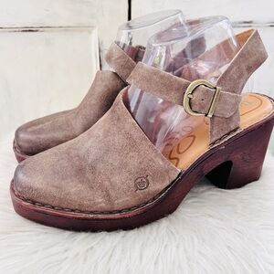 Born Devlyn Taupe Brown Distressed Suede Leather Slingback Wooden Heel Clogs 10M